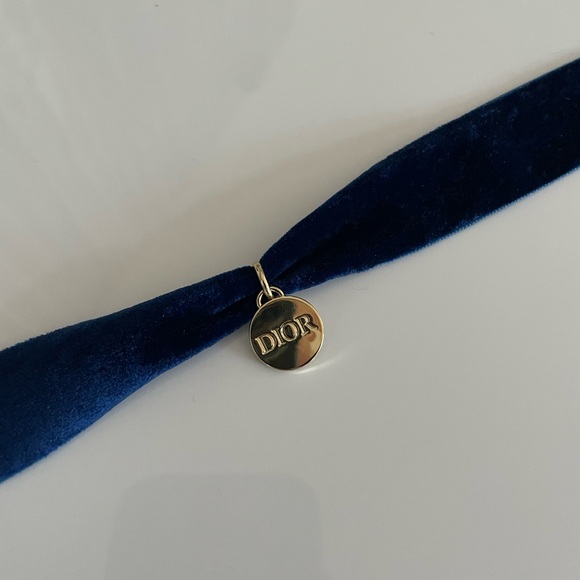 DIOR Blue Velvet Choker Necklace Gold Charm LOGO - Picture 4 of 5